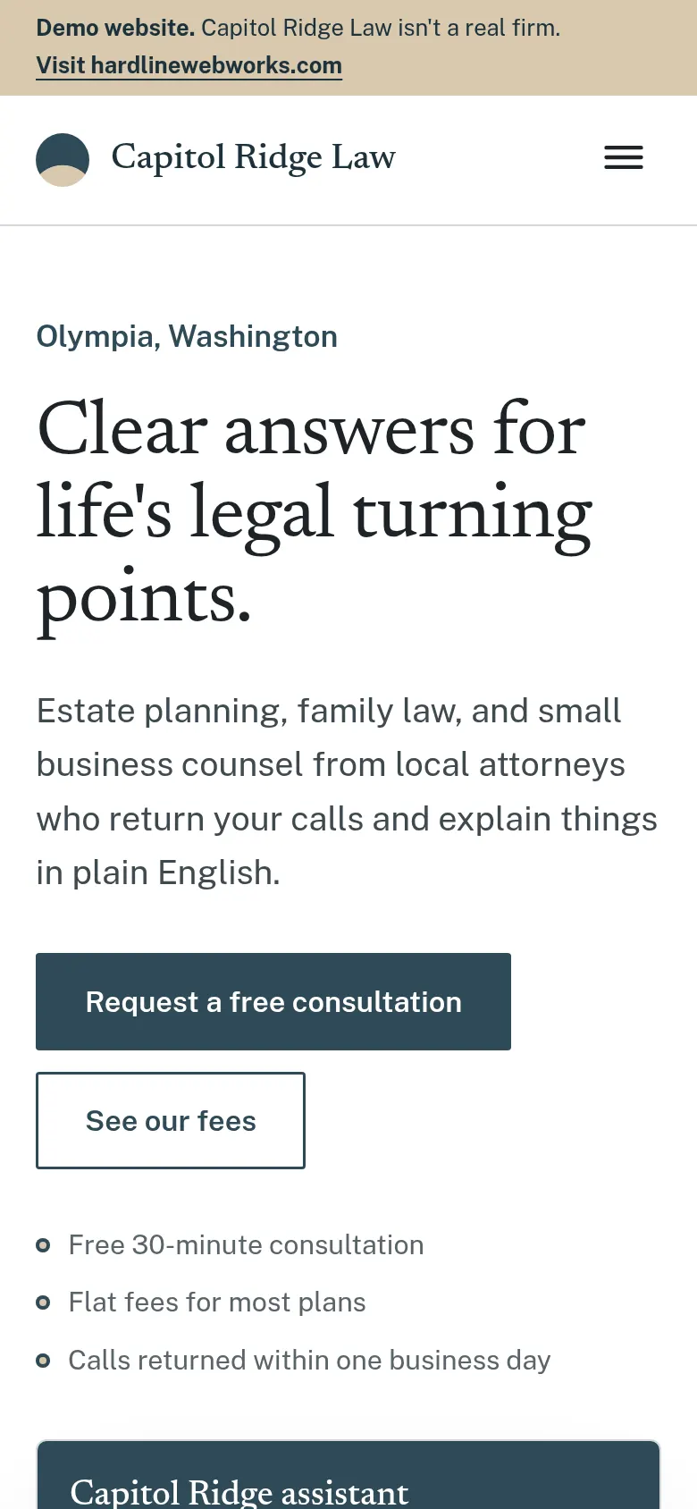 Capitol Ridge Law demo website on a phone