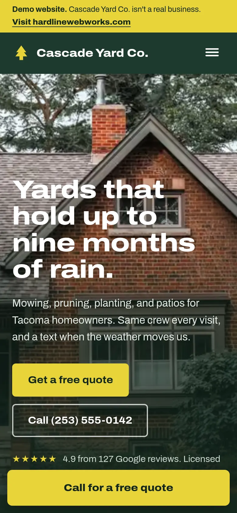 Cascade Yard Co. demo website on a phone