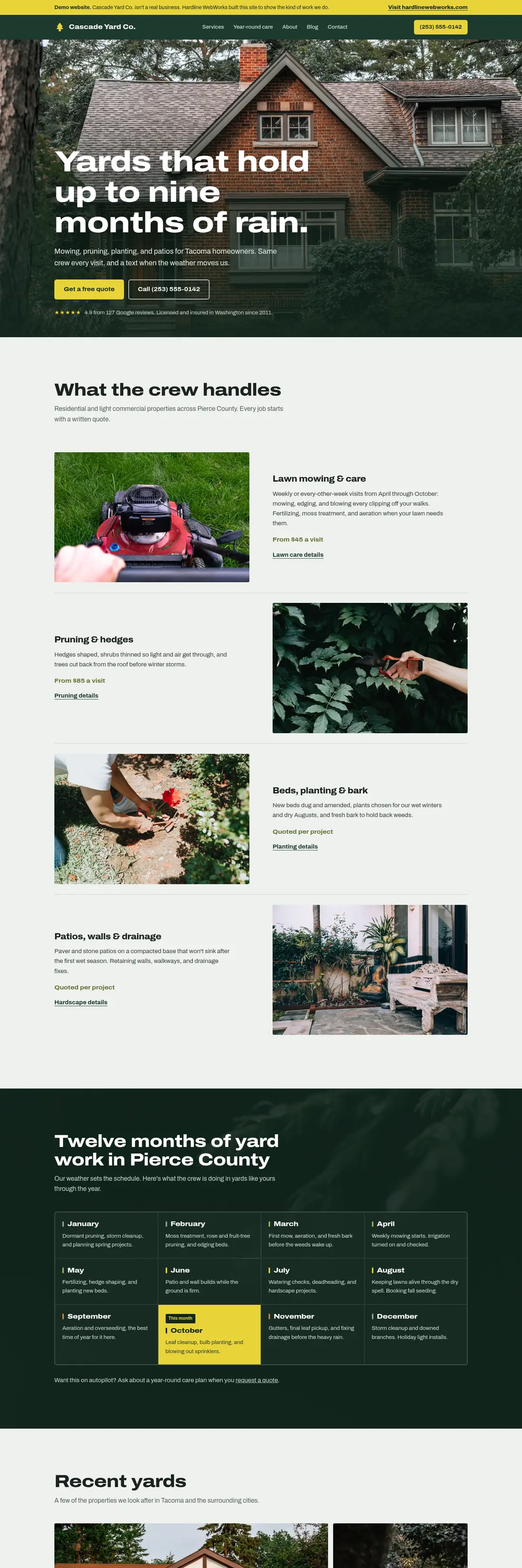 Cascade Yard Co. demo website, desktop view