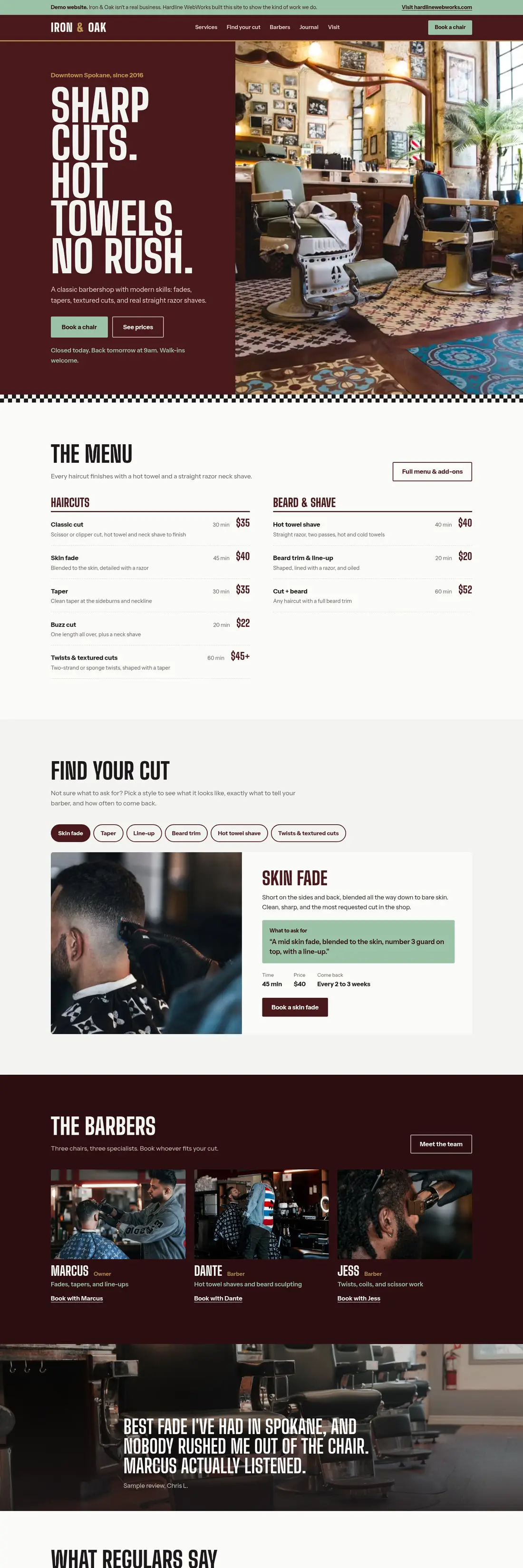 Iron & Oak Barbershop demo website, desktop view